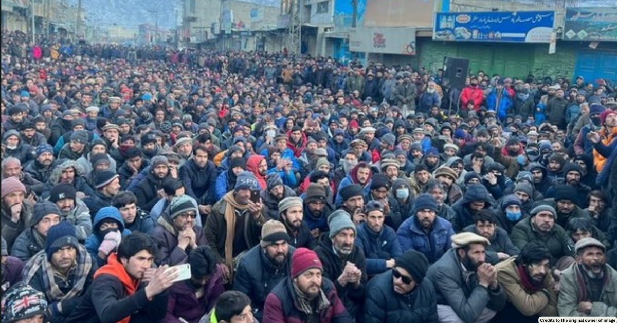 Illustration depicting diverse groups of PoK residents, including workers, business owners, and elders, united in a peaceful protest against increased taxation.