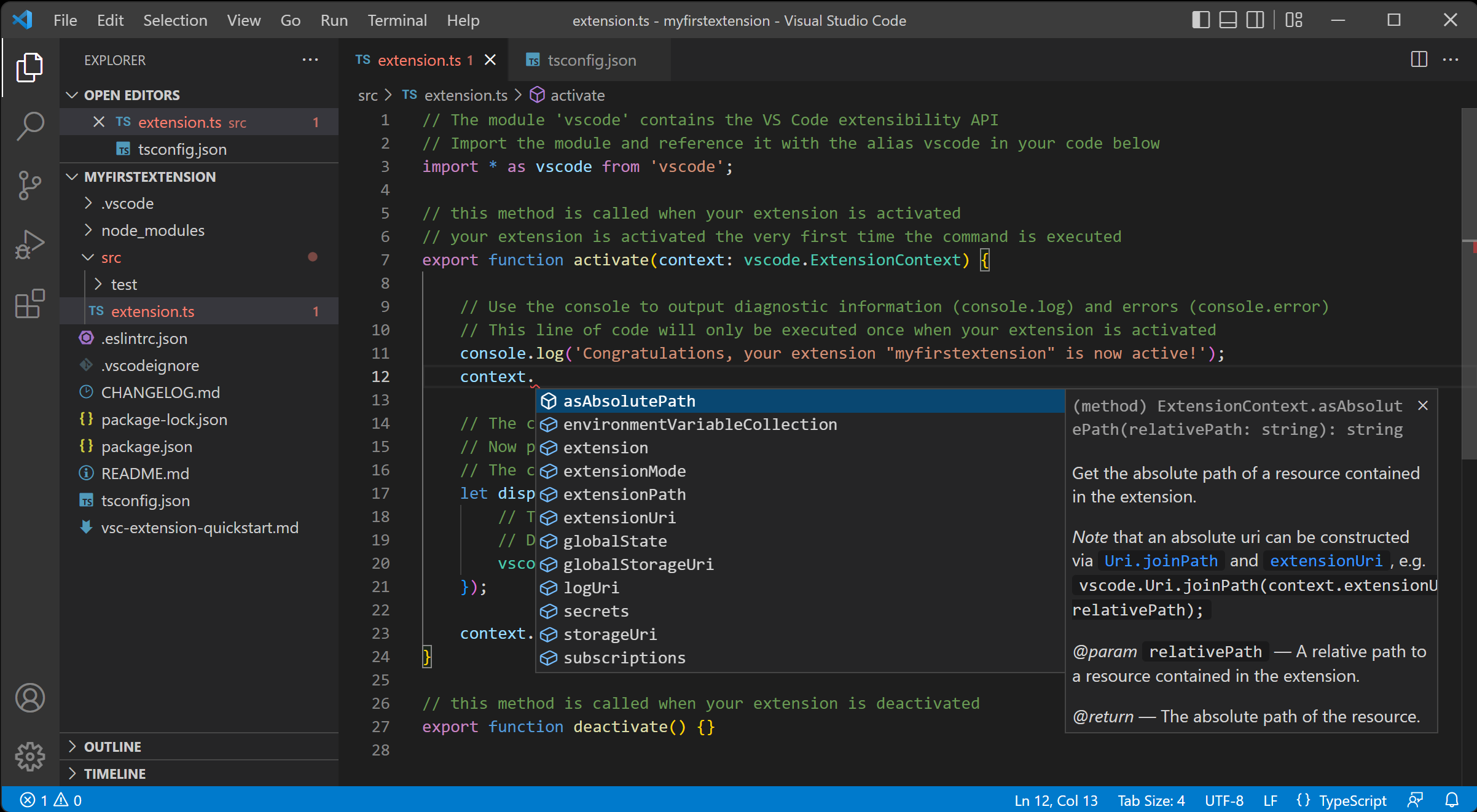 TypeScript code example showing variable and function definitions