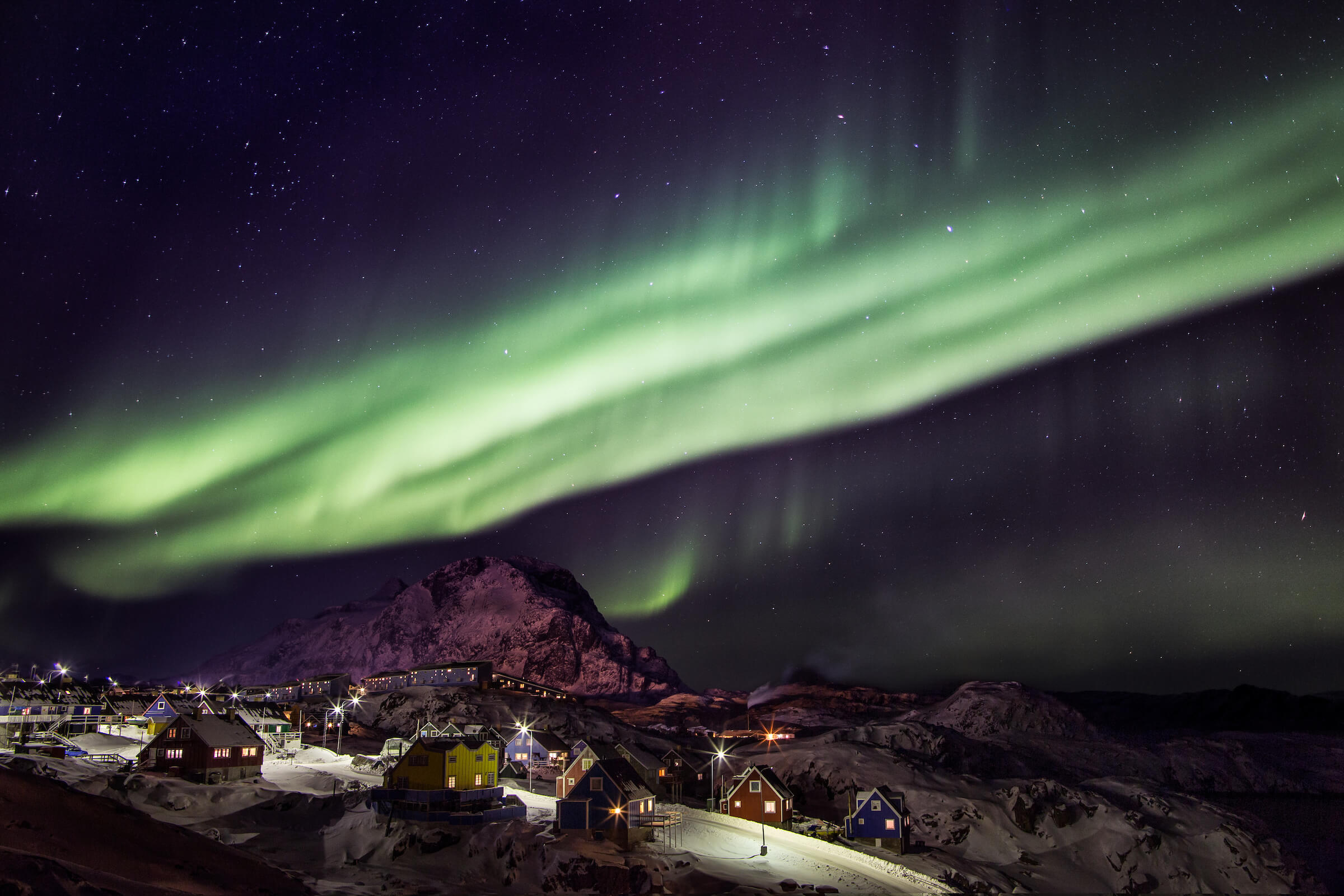 Panoramic view of Sisimiut with colorful houses and snow-capped mountains