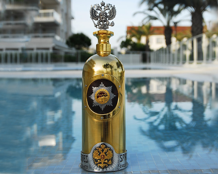 Close-up of Billionaire Vodka bottle in its luxurious packaging. 