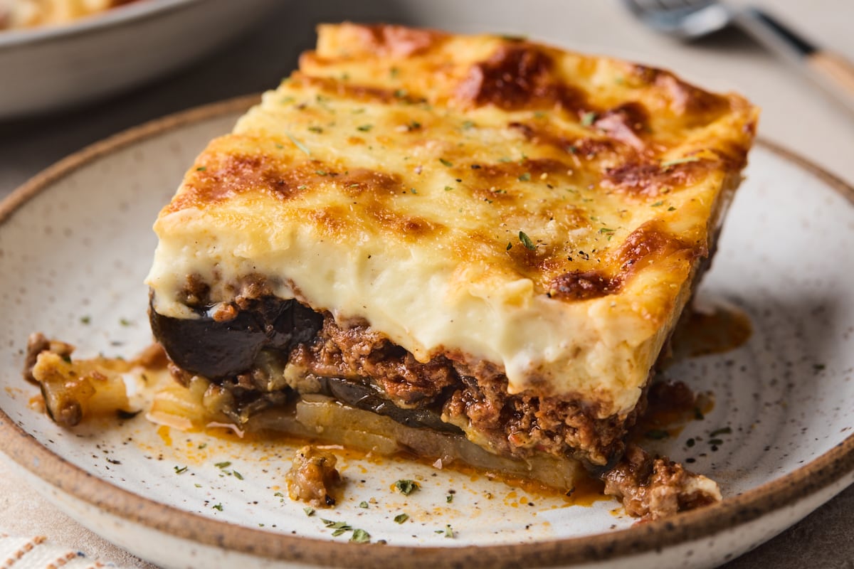 A traditional Greek moussaka served in a rustic dish 