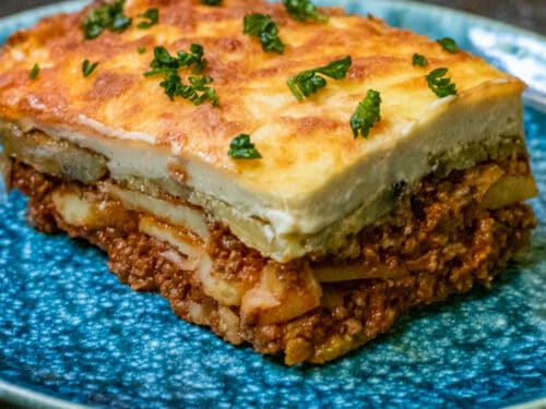 Sliced moussaka showing its rich layers of eggplant and meat 